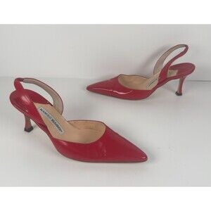 Manolo Blahnik Carolyne Red Patent Leather Slingback Heels EU 37 US 7